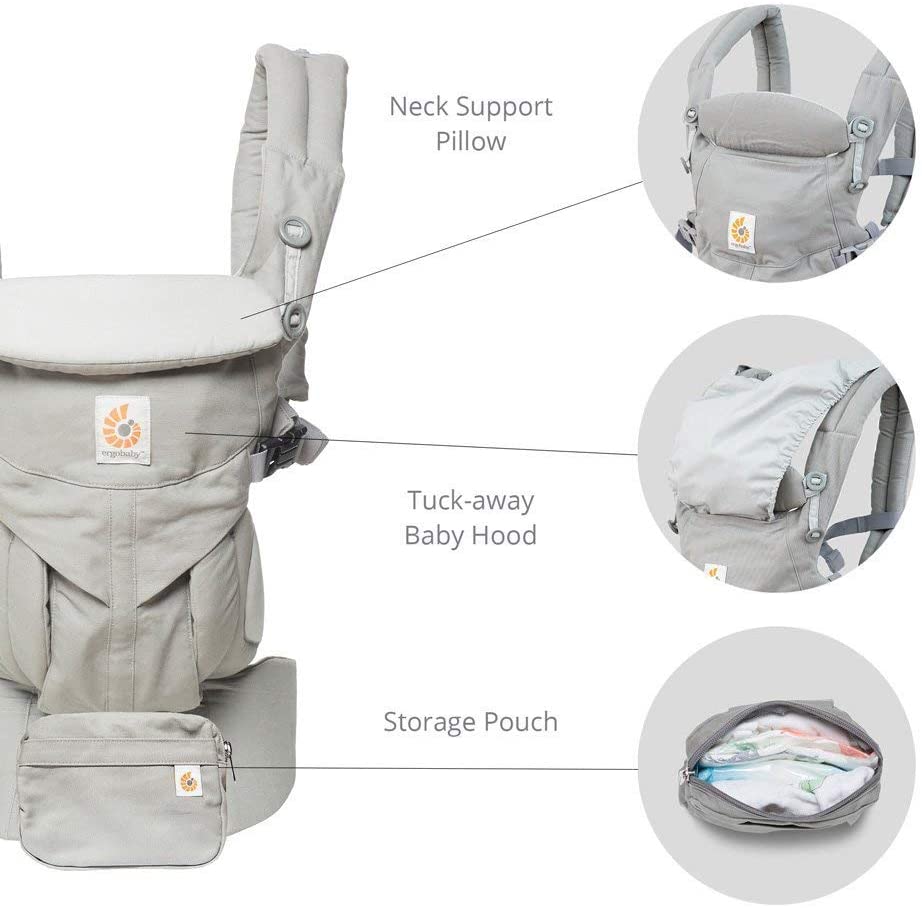 Ergobaby Omni 360 cool mesh in Pearl Grey explaining about neck support, tuck away hood and storage pouch