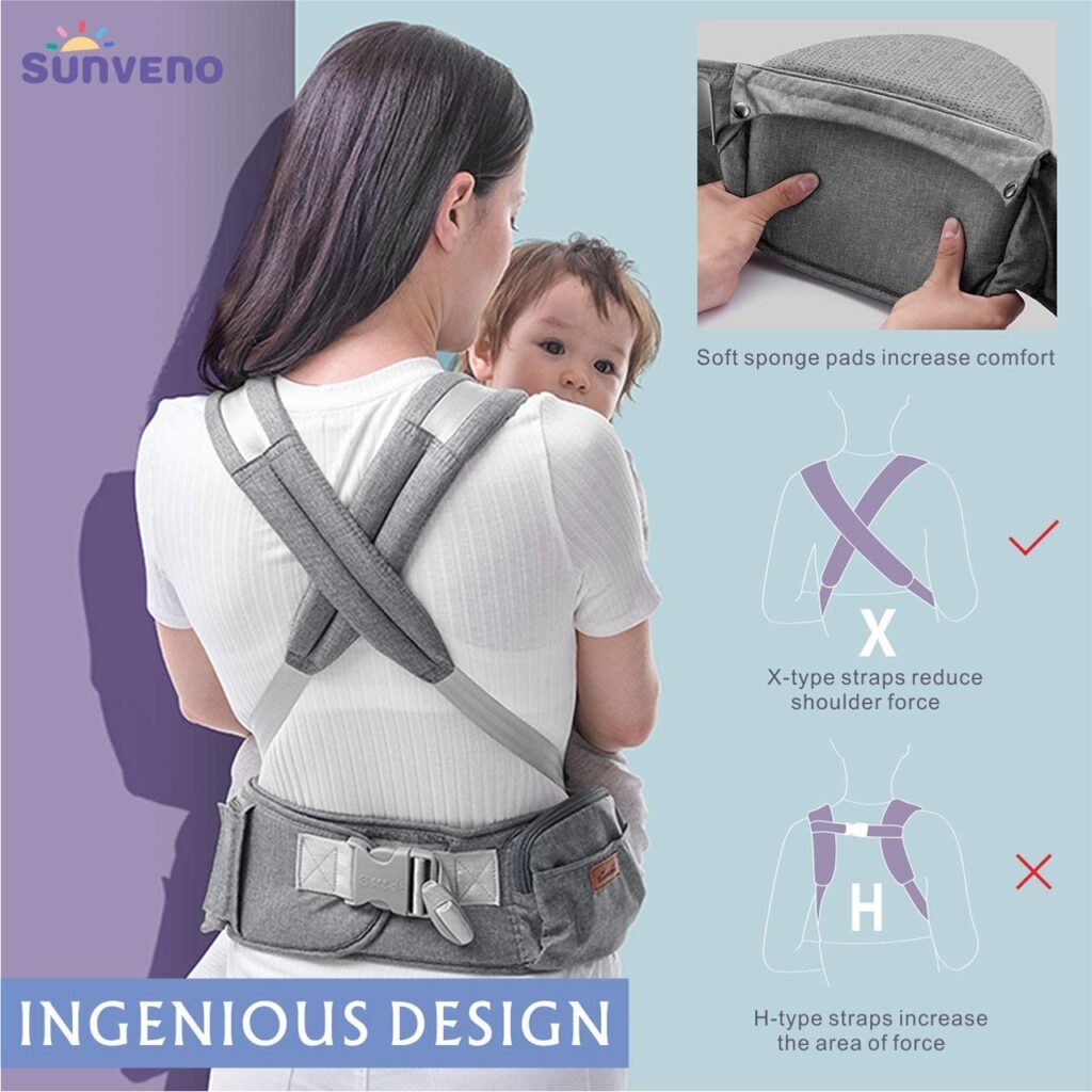 Amazon Sunveno hip seat baby carrier - back view showing how the straps cross over the shoulders