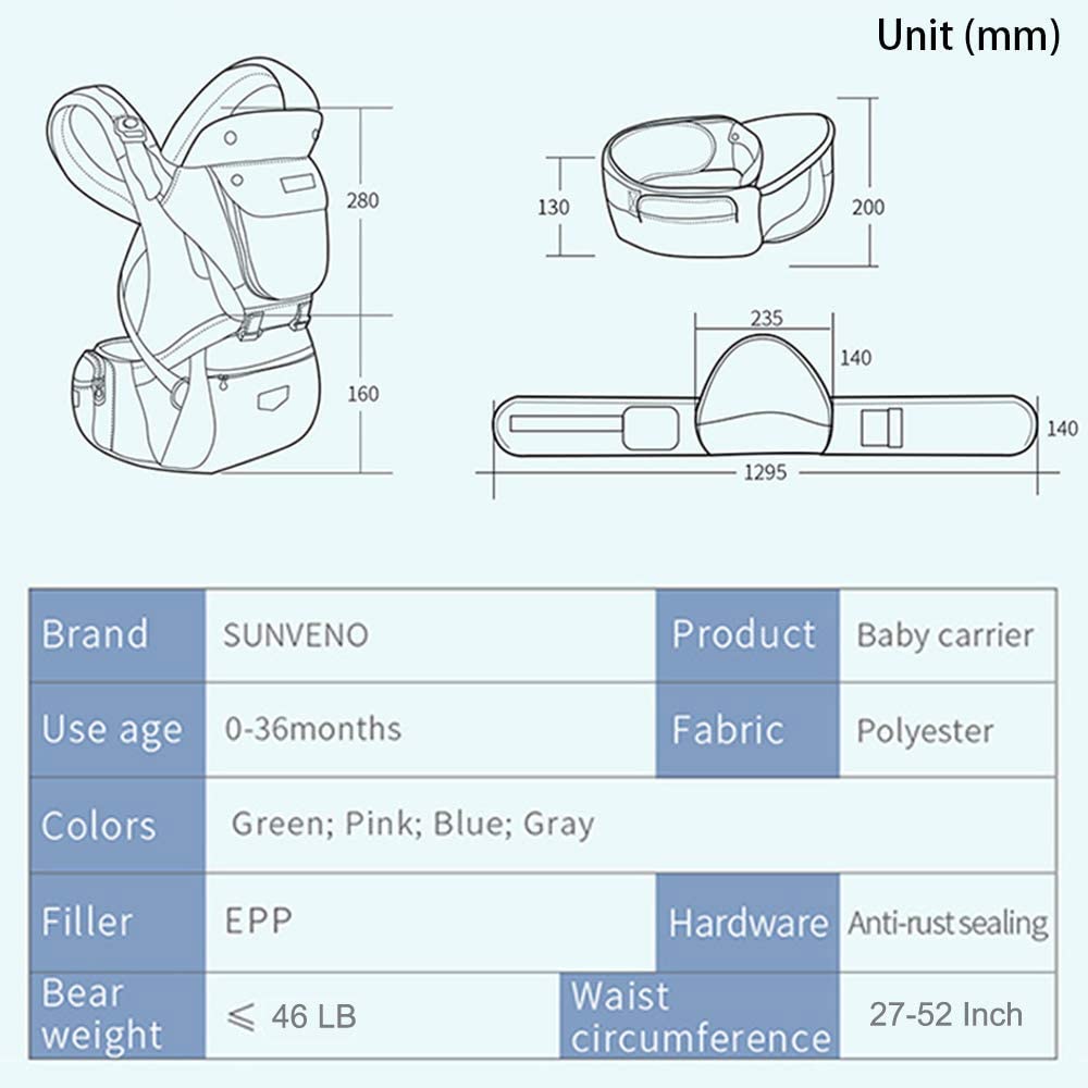 Spec of Amazon Sunveno hip seat baby carrier - measurements, age, fabric, available colours, weight limit