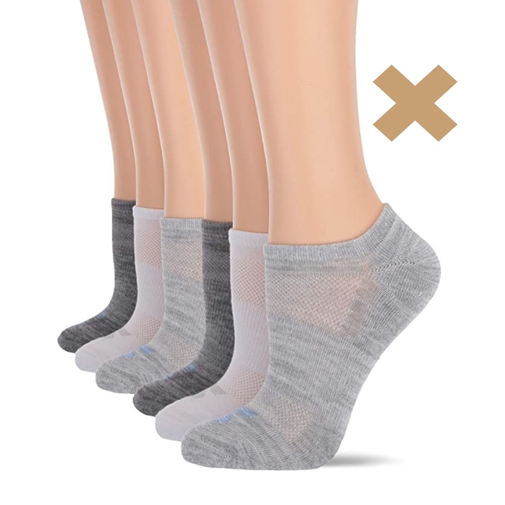 several pairs of no show socks with an x symbol