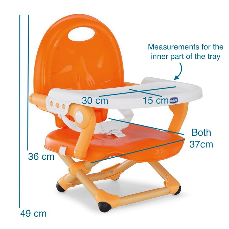 Chicco Pocket Snack Booster Seat in mandarino orange with dimensions