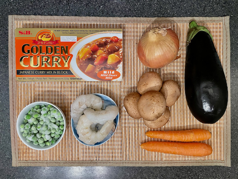 Japanese Curry Ingredients - onion, aubergine, peas, prawns, mushrooms, carrots, curry cubes