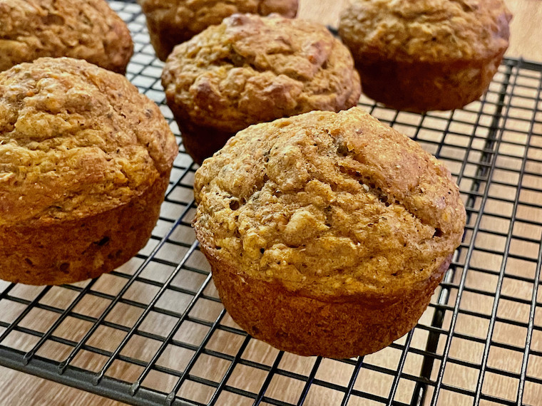 Banana Carrot Chia Seed Muffins from an angle on wire rack