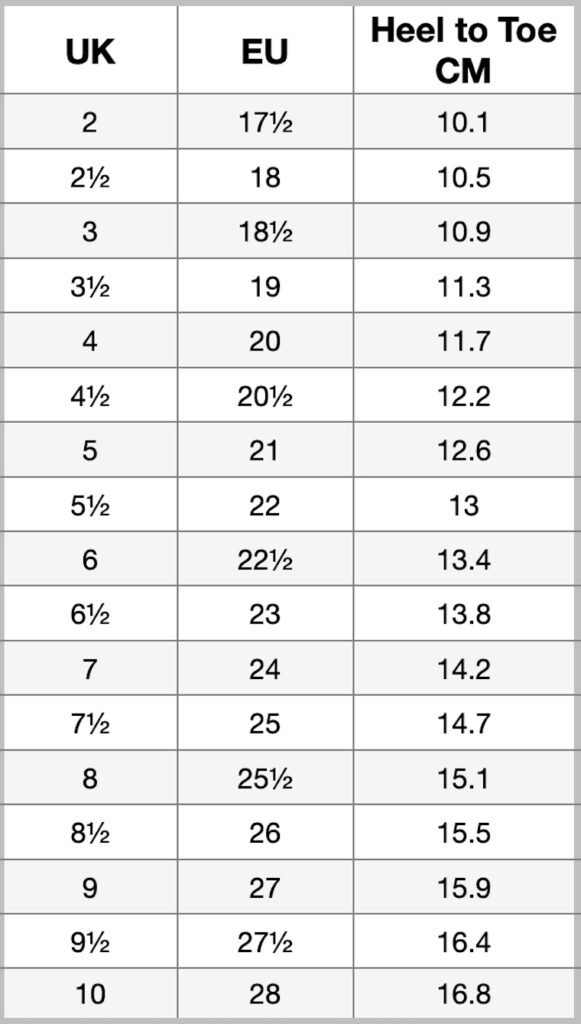 Clarks kids 2025 size guide