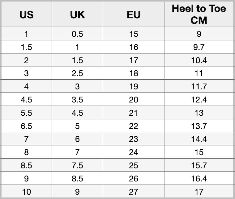 Clarks toddler 2025 shoe size chart