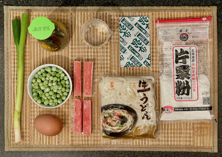 Ingredients for Udon with seafood sticks and egg