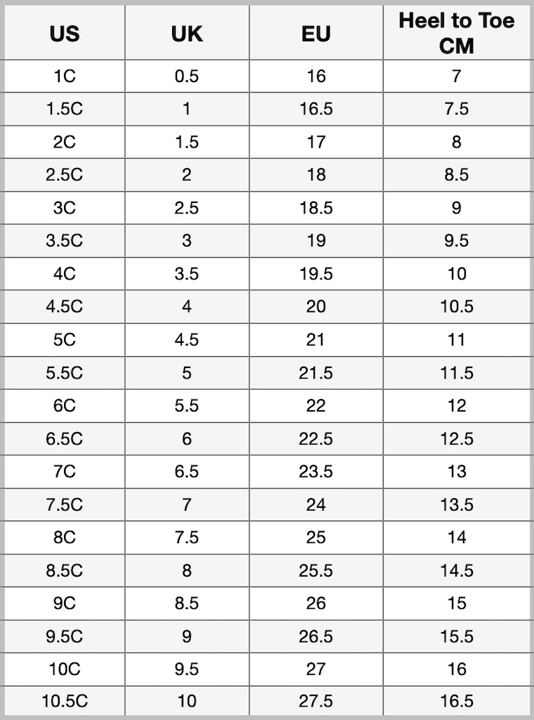 Nike Kids Shoe Sizes Chart